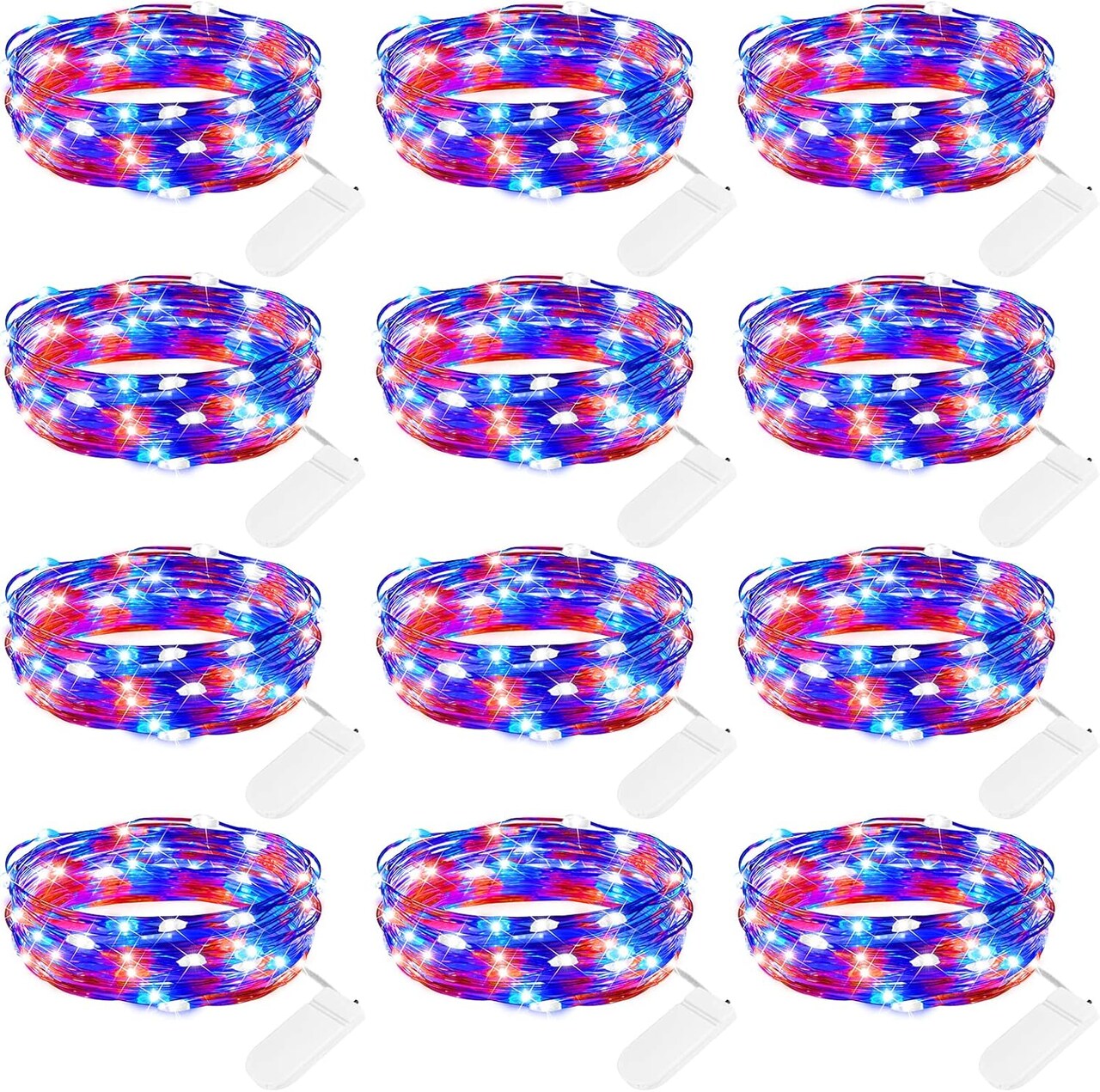 4th of July Patriotic Fairy Lights - 7ft Silver Wire Red White Blue String Lights - Battery Operated Micro LED Starry Moon Lights for Mason Jars, DIY Crafts, Party & Wedding Decor